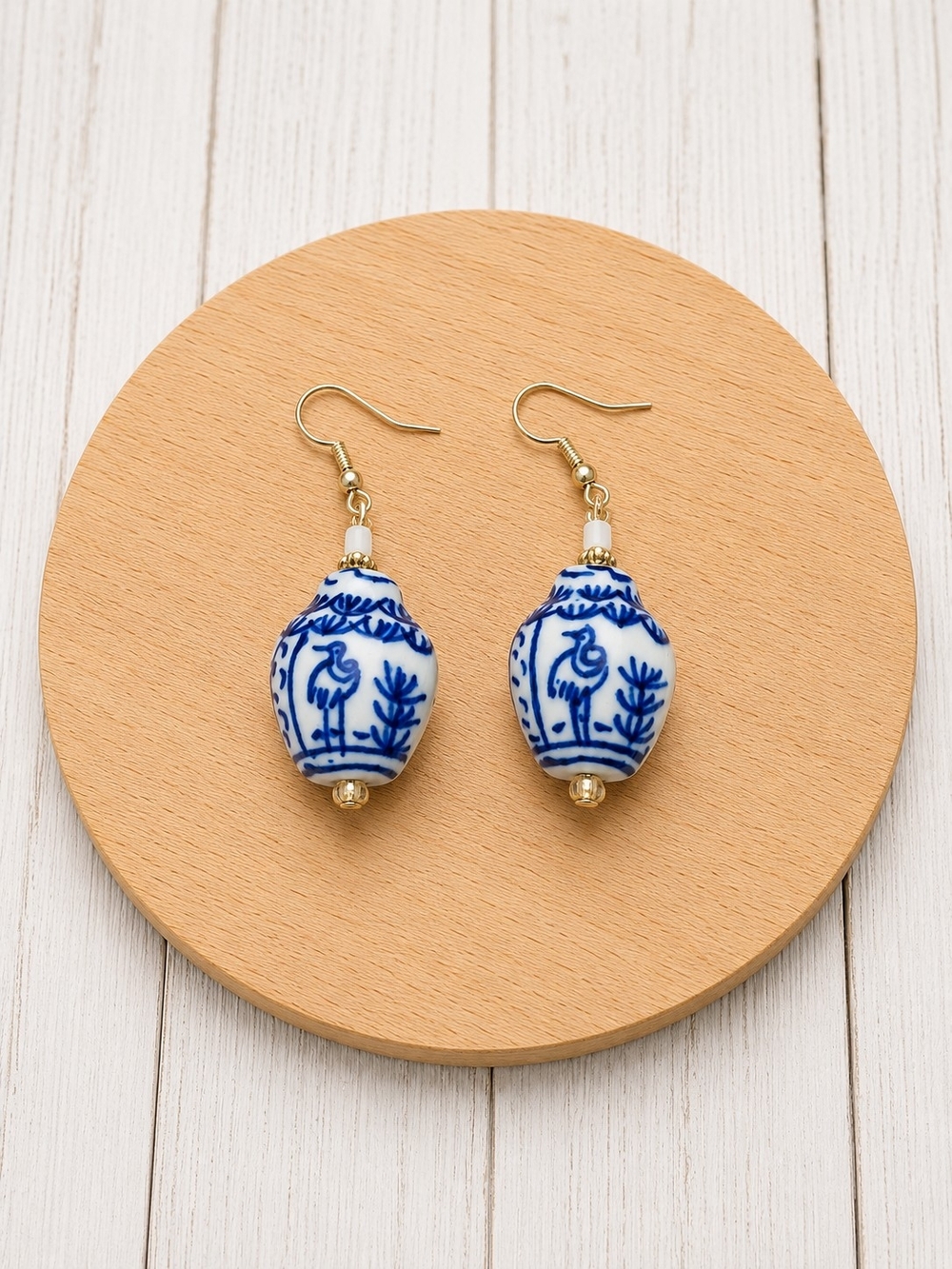 Hand-Painted Blue and White Porcelain Drop Earrings - Women Jewelry